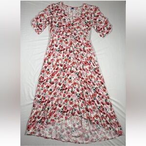 Old Navy Floral Ruched Midi Dress Puff Sleeve Sz L Tall Bloomcore Cottagecore